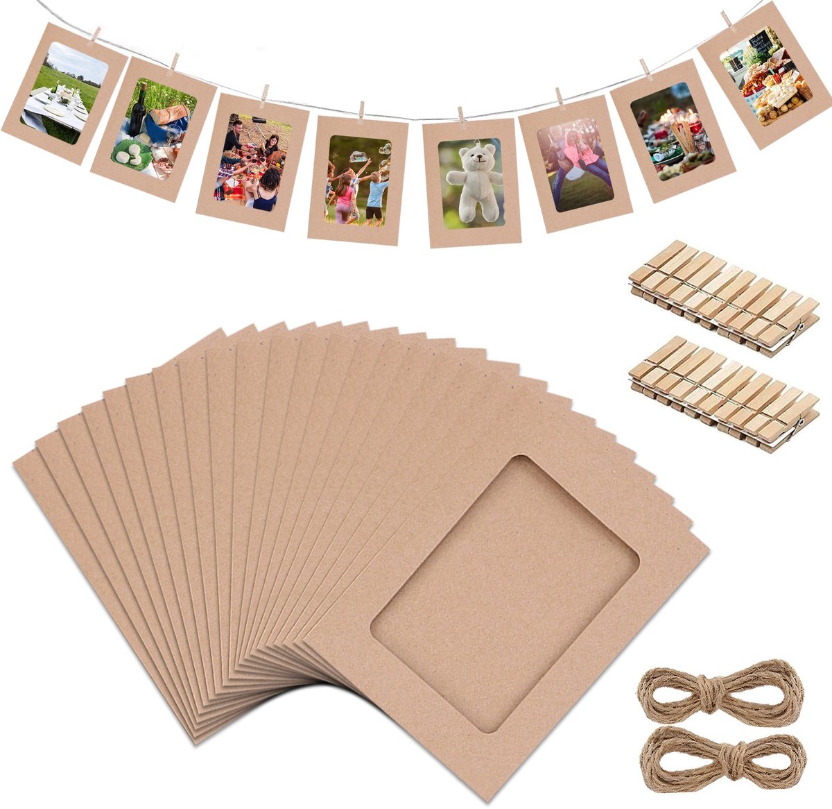 JeiibrZui Papieren fotolijstjes - hangend fotorek - 4x6 inch + fotowand voor verjaardagsfeestjes - 20 stuks - kraftpapier