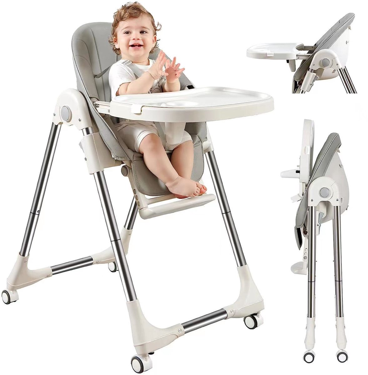 Kinderstoel -Opvouwbare meegroeiende Baby- Verstelbare hoogte - Afneembaar eetblad - 4 Zwenkwielen - Comfortabele zitting-Grijs