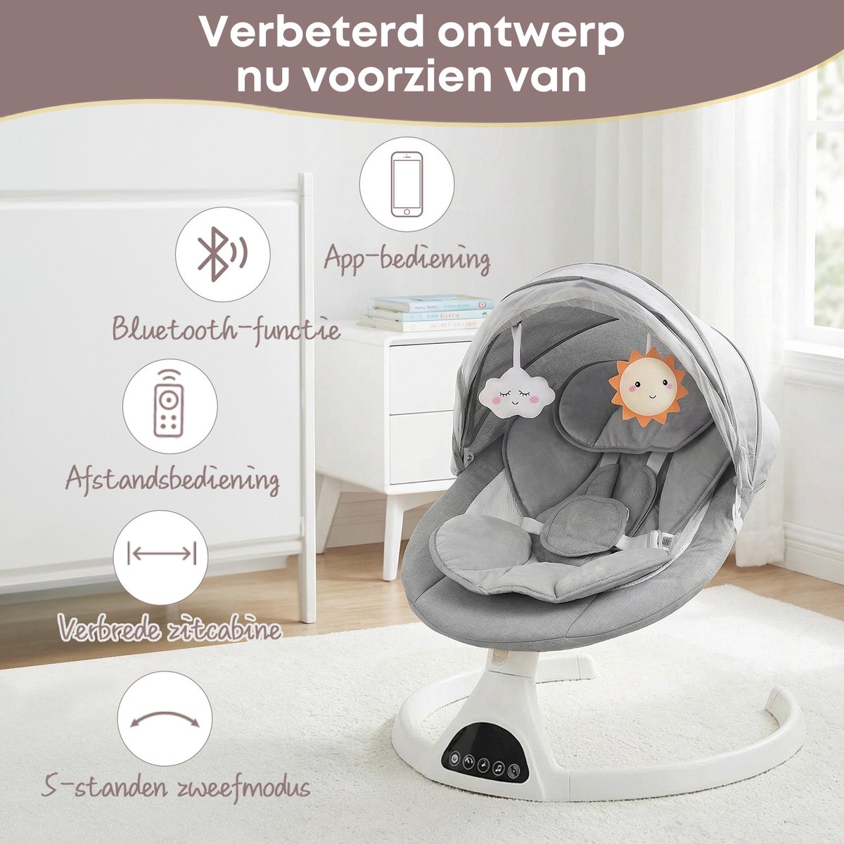 3Babies Elektrische Babyschommel – Grijs en Wit thumbnail 3