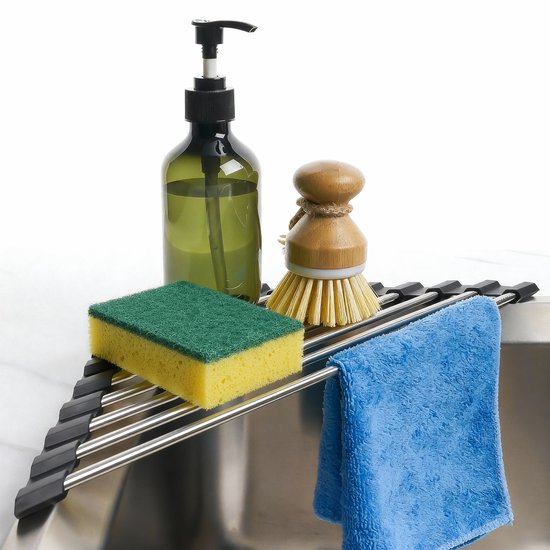 Vaatdoekhouder RVS - Gootsteen Organizer - Afdruiprek Opvouwbaar - Vaatwasrek Inklapbaar - Afwasrek - Zonder Zuignap - Niet Magnetisch - Aanrecht Organizer - Keuken Organizers - Oprolbaar - 37x26cm