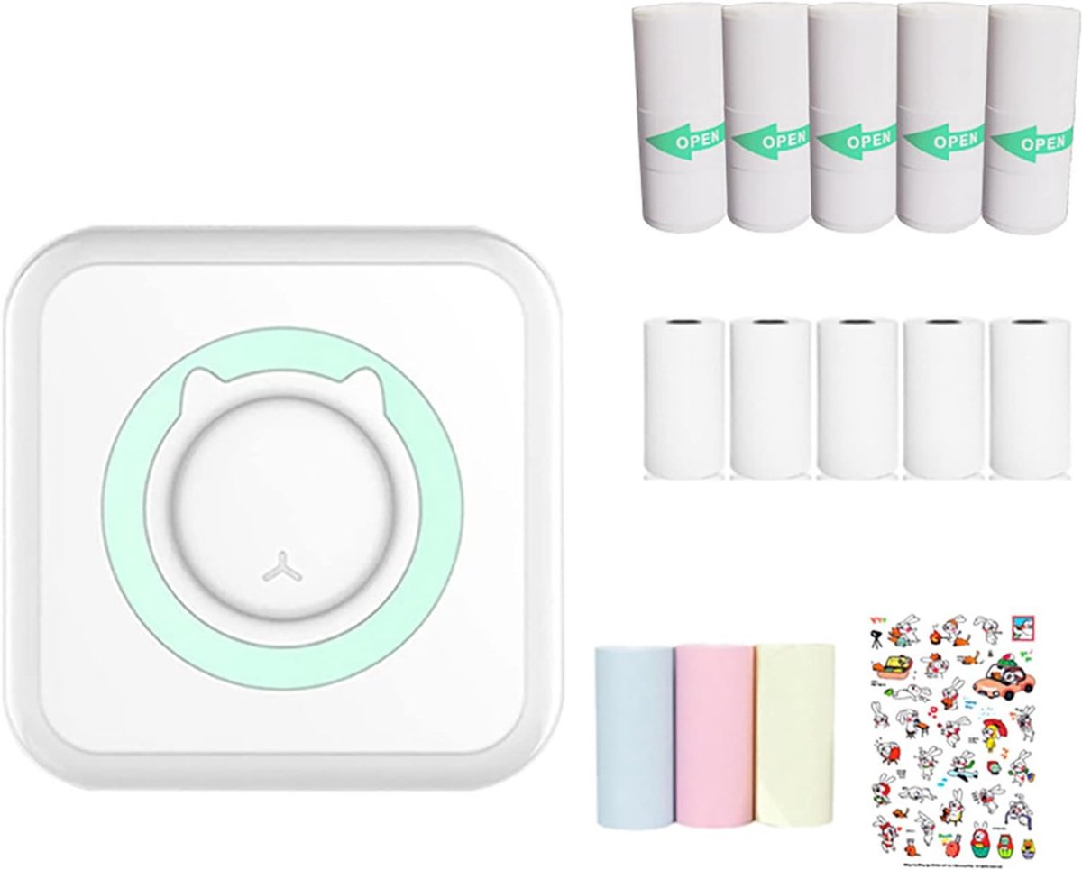 Aurixi® Mini Printer – Inclusief Thermisch/Zelfklevend/Etiket-Papier, USB-kabel, Aquarelpen, Transparant Sticke – Foto Printer Draadloos – Mobiele Fotoprinter - Wit/Mintgroen - 10cm x 10cm x 4cm