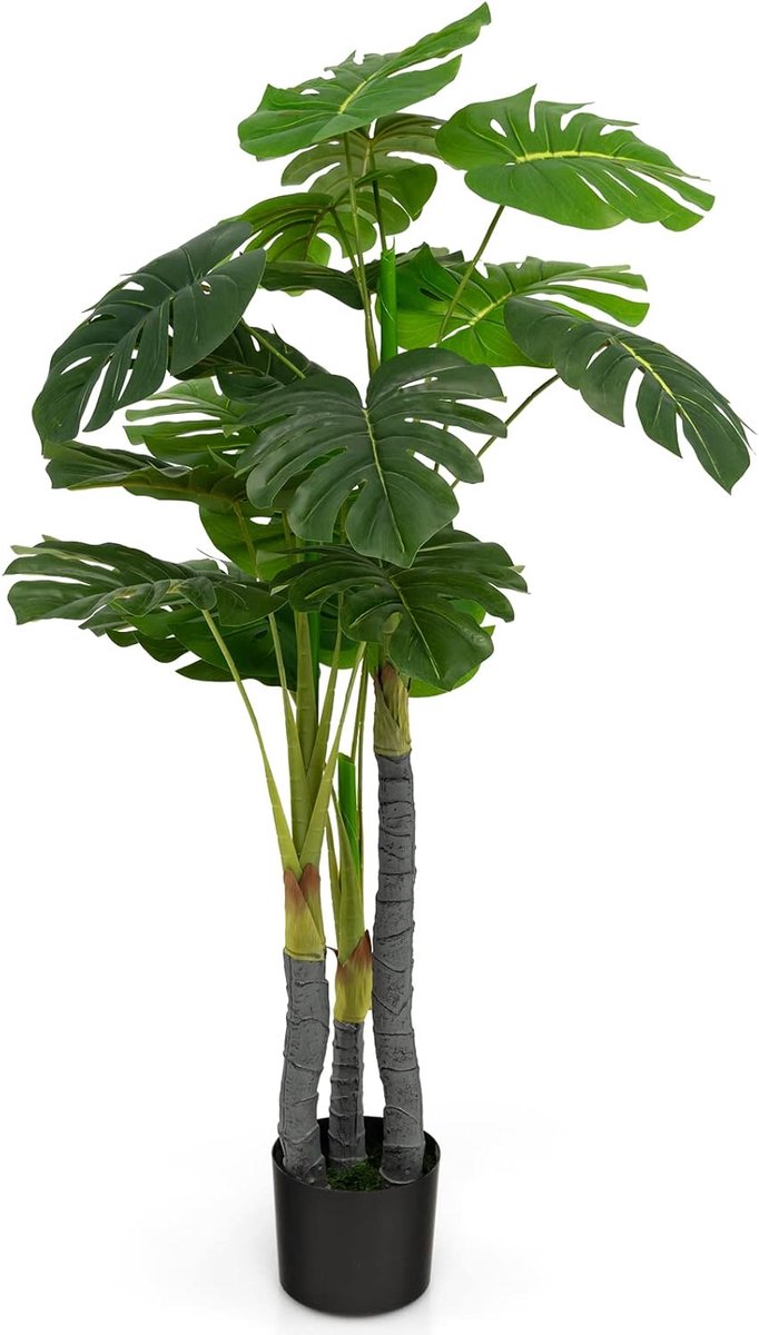 KOMFOTTEU 120 cm hoge kunstmatige Monstera-boom, kunstmatige Monstera Deliciosa plant met 20 grote bladeren, 3 stammen en realistisch mos, altijd groene kunstplant met pot voor binnen en buiten