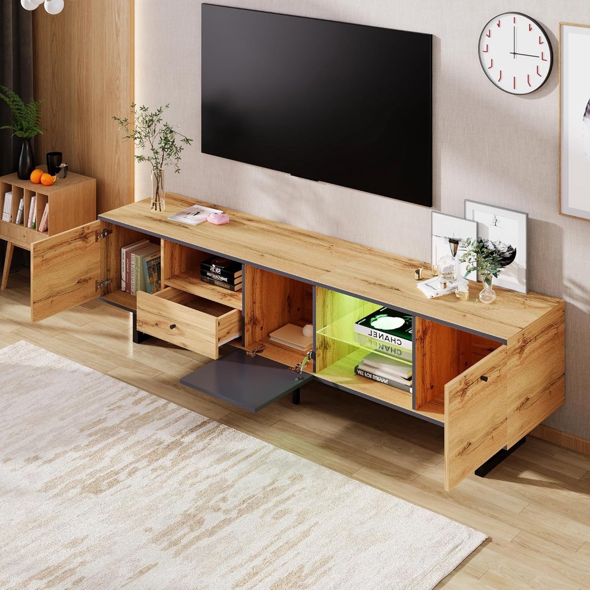 TV Lowboard Urbanhome Lumino – 190 cm moderne TV-kast met LED-verlichting, metalen poten en veel opbergruimte – Lowboard en TV-commode in houtnerf, natuurlijke kleuren – Dressoir voor woonkamer