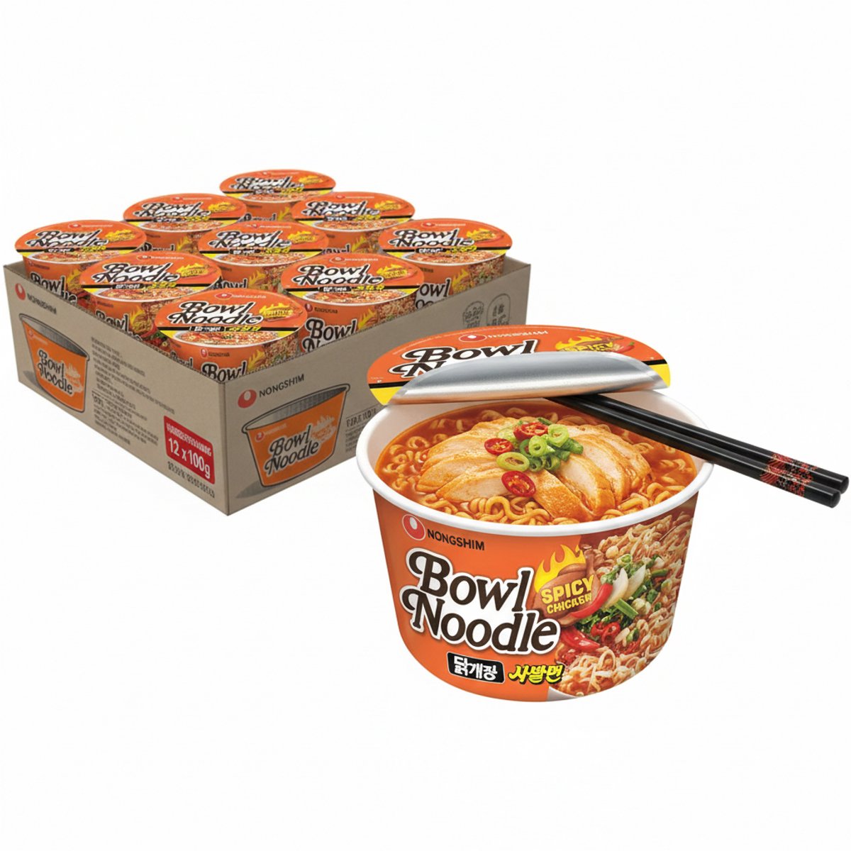 Nongshim Instant Bowl Noedels Pittige Kip (Spicy Chicken) – Voordeelverpakking 12 x 100g – Koreaanse Ramen Snelkookmaaltijd met Kajal Sticker