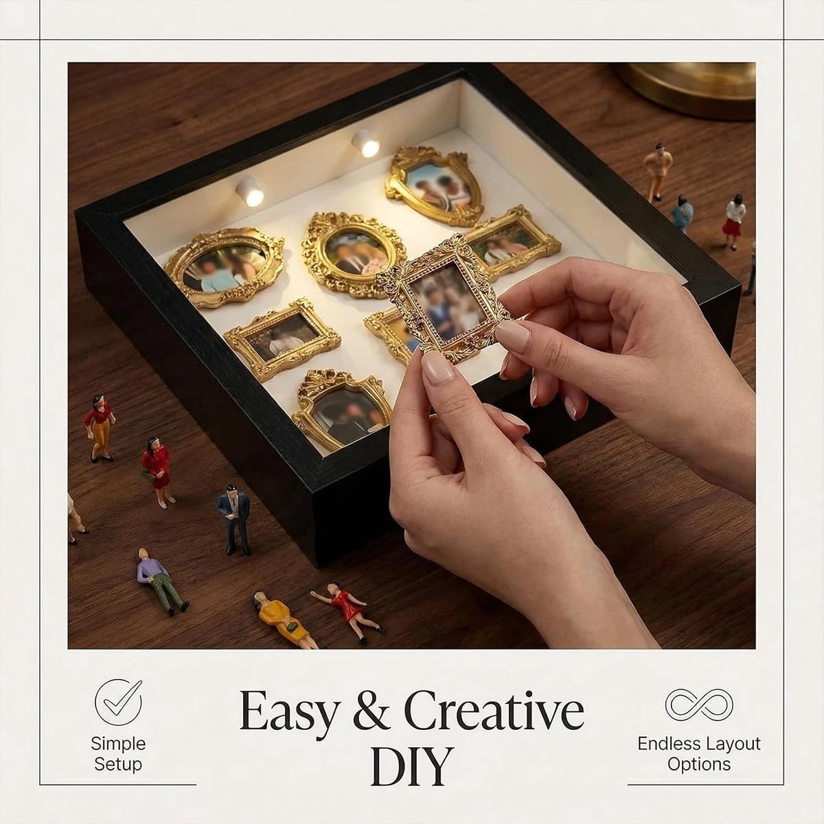DIY Shadow Box - 25,5x25,5 cm - Mini Fotolijst Met LED - DIY Mini Museum Silhouette Box - Complete Set met 8 Miniatuur Mensjes & 8 Gouden Lijstjes - Frame Display Case - Barokstijl - Vintage fotolijstjes - Valentijn cadeau - Cadeau voor vrouw — cadeau in Wonen & Interieur - foto 2