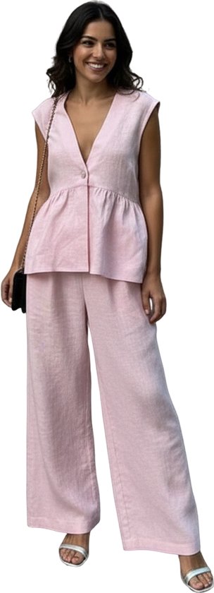 Set femme en lin - Pantalon et chemise - Été - Haut - Chemisier - Rose