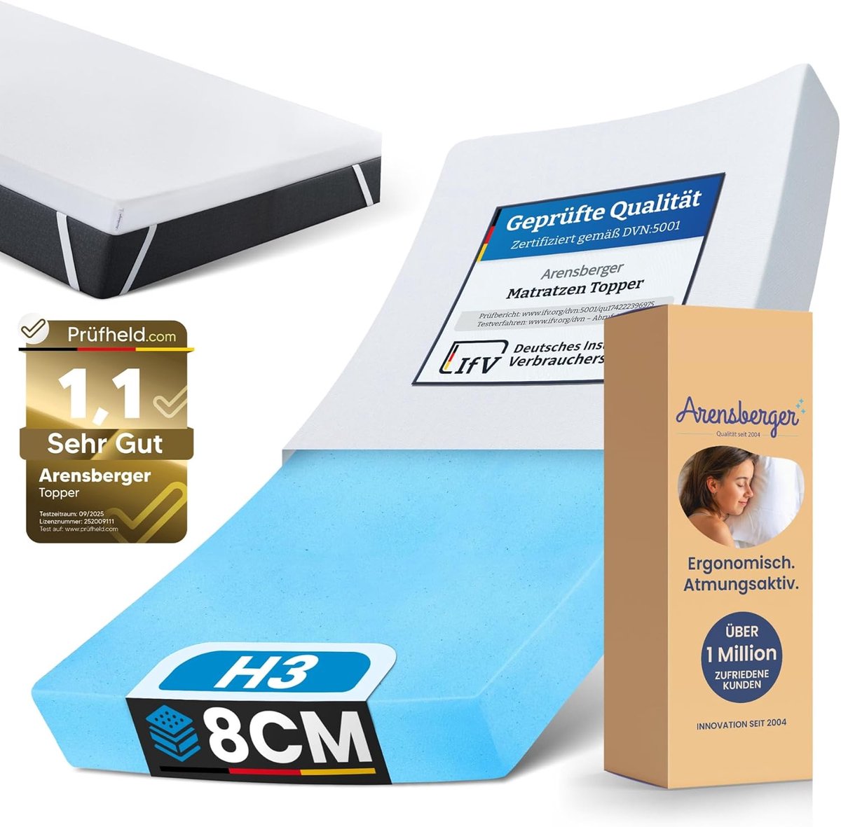 Arensberger Matras Topper Premium, 120cm x 200cm x 8cm, Gelschuim Matras Topper, Wasbare Hoes, geschikt voor Binnenvering & Schuim Matrassen, H2 H3, matras topper matrastopper 120x200 cm