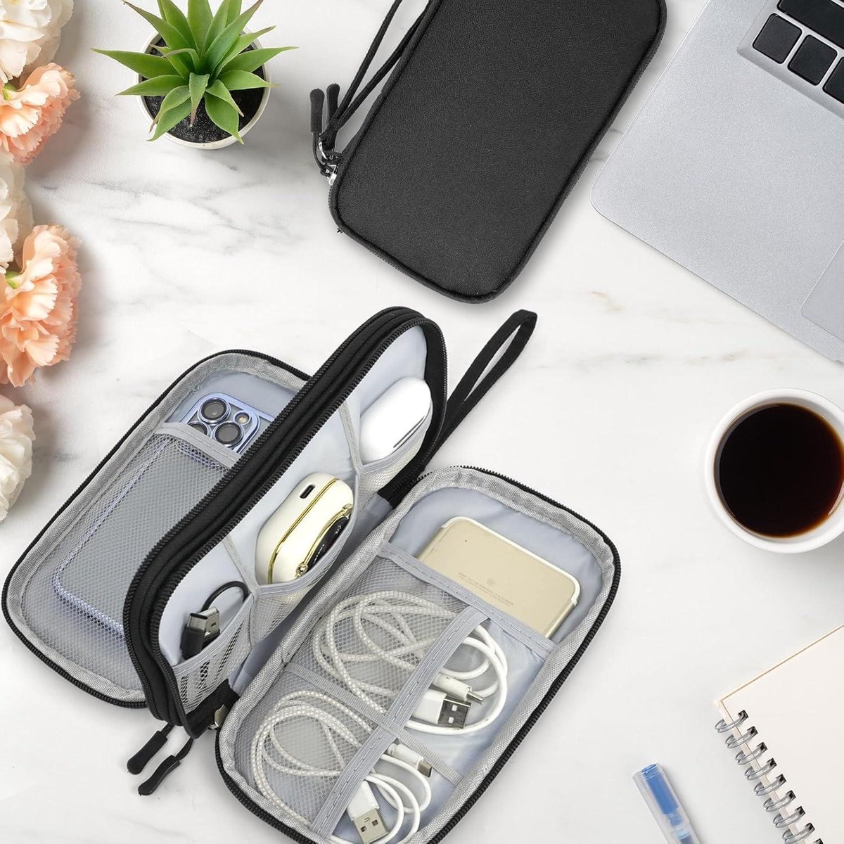 Waterdichte reisorganizer voor elektronische accessoires - opbergtas voor oplader, USB-stick en powerbank - lichtgewicht en draagbaar - thuis en op reis - zwart – foto 6