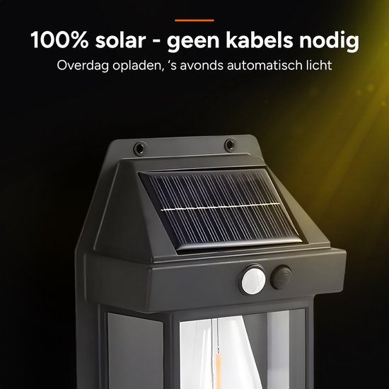 Zwarte solar buitenlamp met zonnepaneel, bewegingssensor en zichtbare LED-lamp.