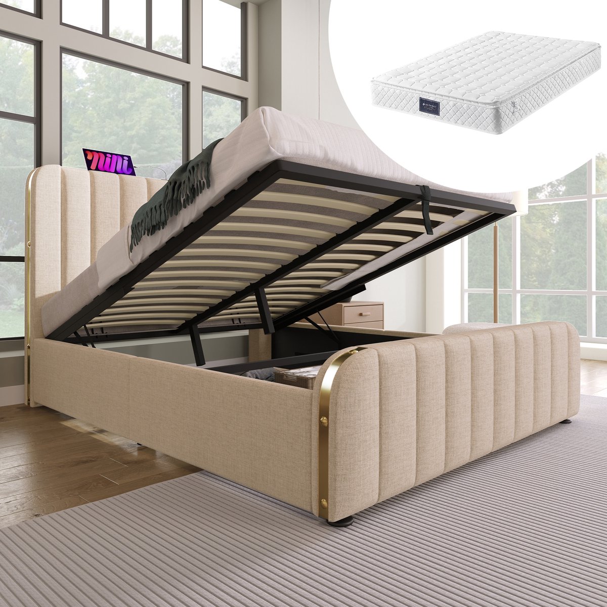 MIVRAY Gestoffeerd Bed 140x200 Cm - Dubbel Bed Met Usb En Type C Aansluiting - Hydraulische Opbergruimte - Linnen - Beige - Met Matras