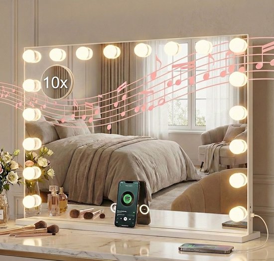 Miroir Hollywood OMNIEXA – 3 couleurs de lumière – Intensité réglable – Haut-parleur Bluetooth – USB-C/USB-A – Miroir grossissant x10 – Fixation murale et sur table – Wit – 60 x 80 cm