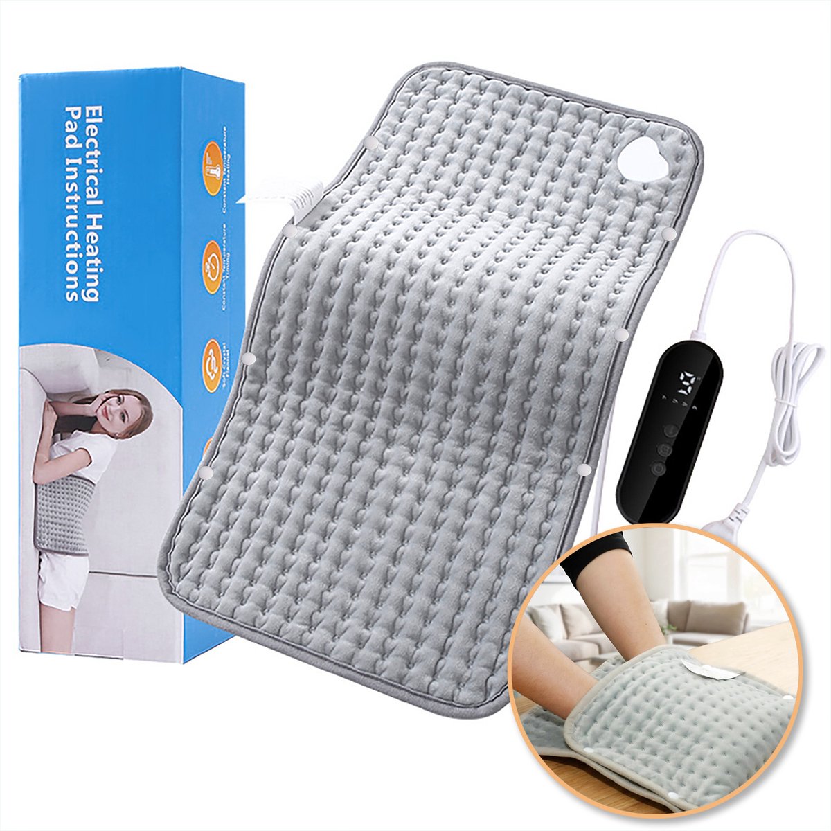 Elektrisch verwarmingskussen voor menstruatiekrampen en lage rugpijn - afmetingen 60 x 30 cm, 9 instelbare warmtestanden, automatische uitschakeling, machinewasbaar voor gerichte verlichting, grijs