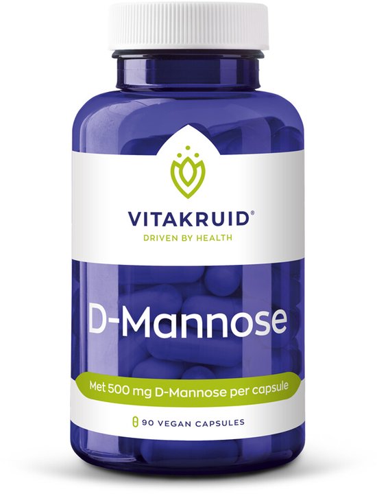 Vitakruid D-Mannose, 90 vegan capsules in blauwe pot. Bevat 500 mg D-Mannose per capsule.
