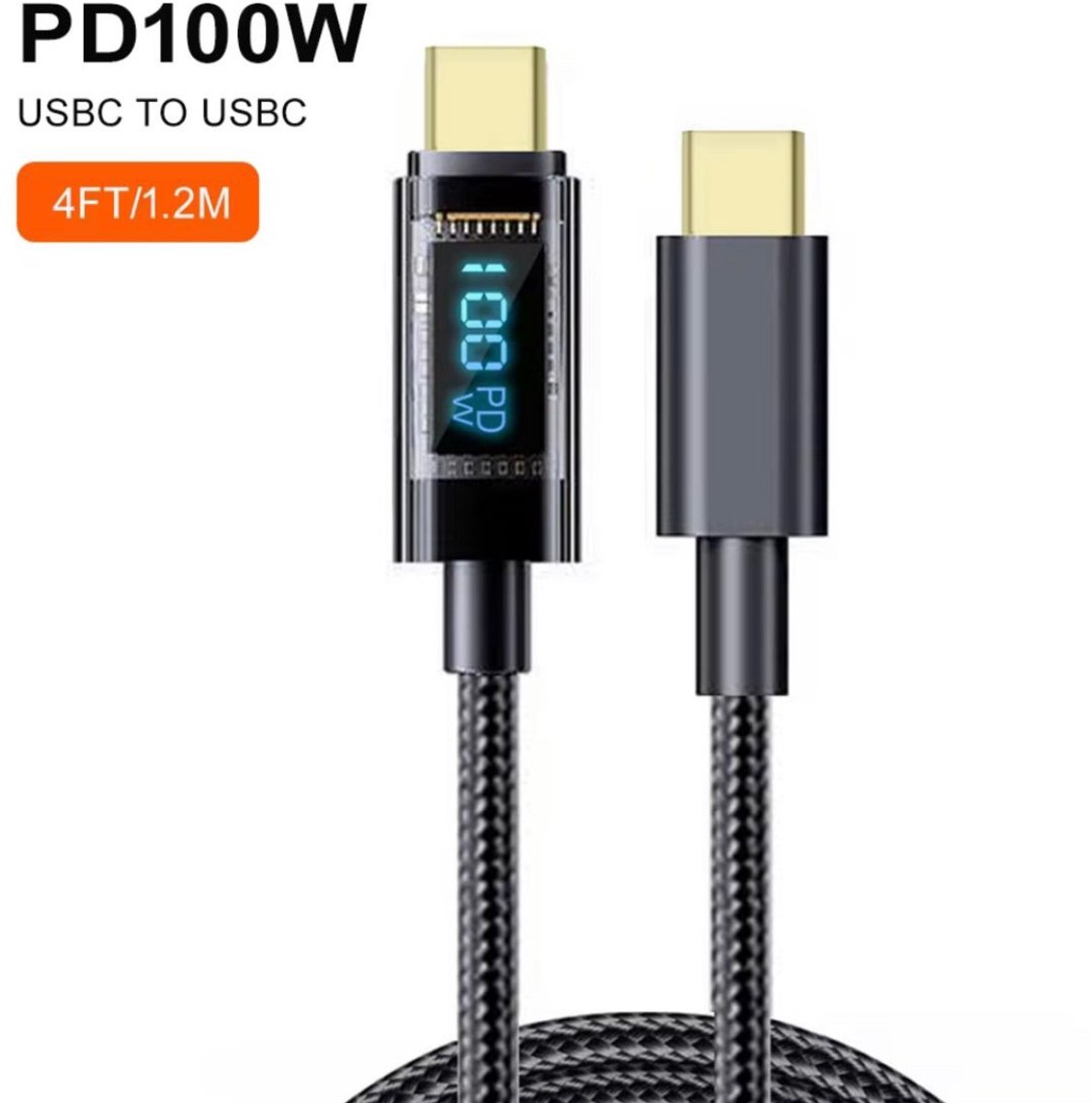 USB-C naar USB-C Kabel 1M – Snellader Oplaadkabel met Percentage Display – PD 60W – Zwart Gevlochten