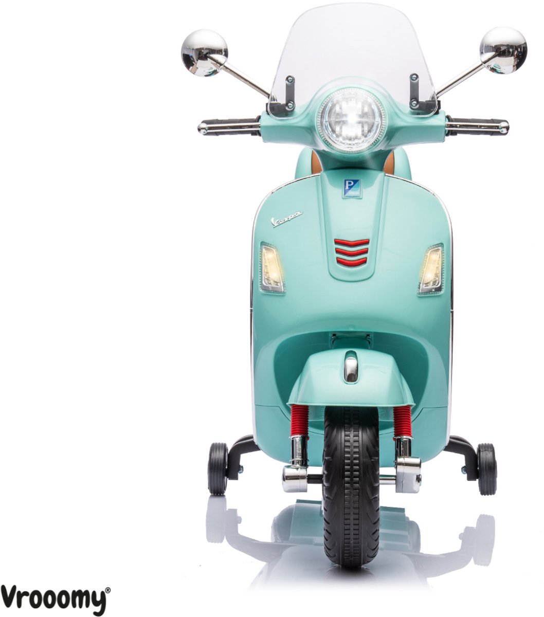 Vespa GT Full Option Elektrische Kinderscooter 3 tot 6 jaar – Officieel Gelicentieerde Kinder Vespa met Kofferbak & Verwijderbare Zijwieltjes – Li-ion Kindermotor met Kunstlederen Zitje, MP3 AUX & USB – Blauw — afbeelding 11