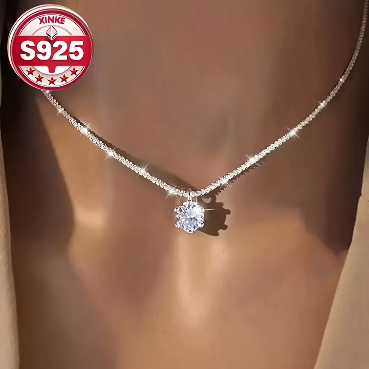 Sjika - S925 Sterling Zilveren Ketting met Solitaire Steen – Minimalistische Dames Halsketting - Cadeau