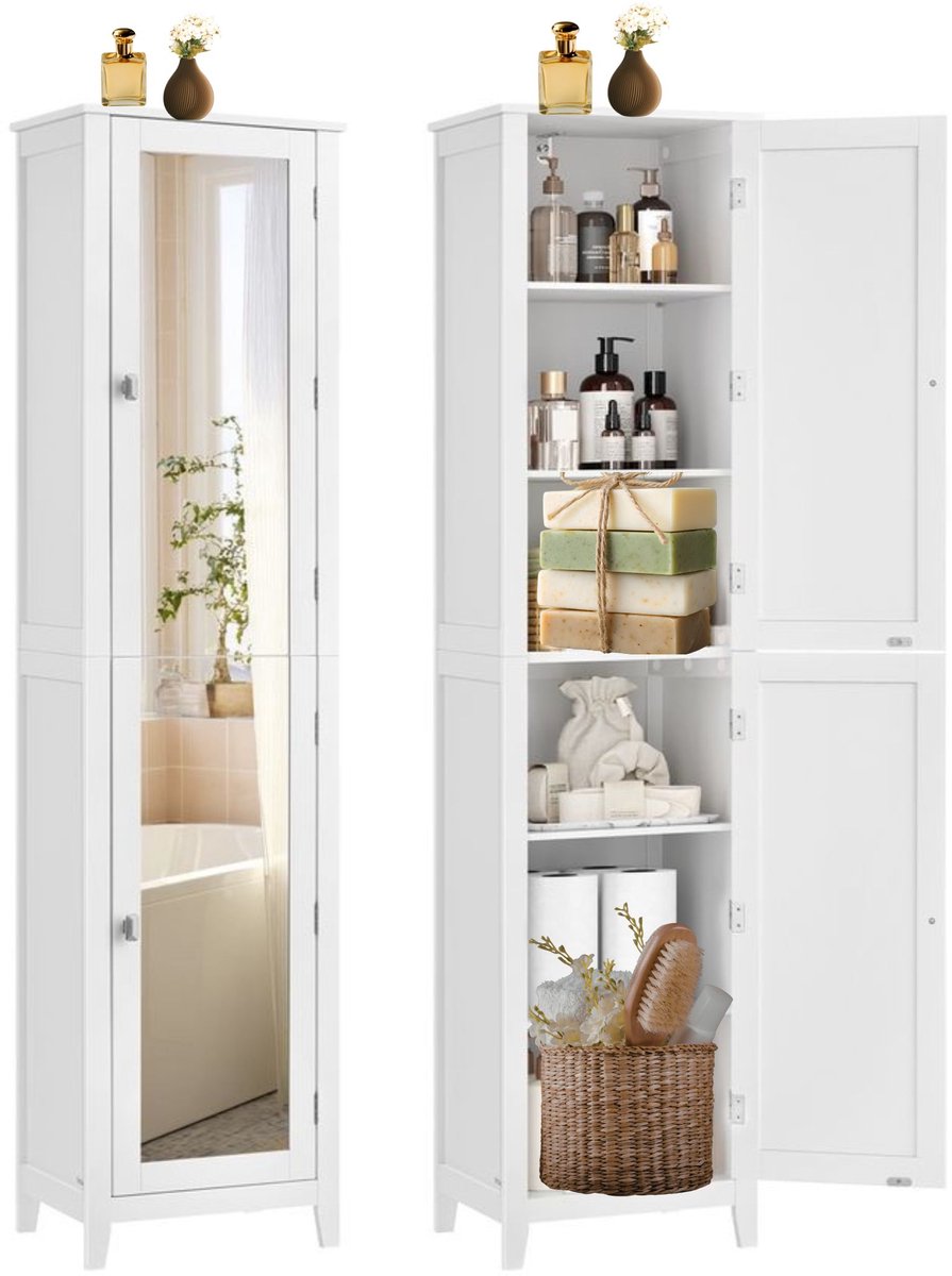 Signature Home Badkamerkast met grote spiegel - hoge Badkamerkast - kast met verstelbare planken - wolkenwit - 30 x 40 x 160 cm