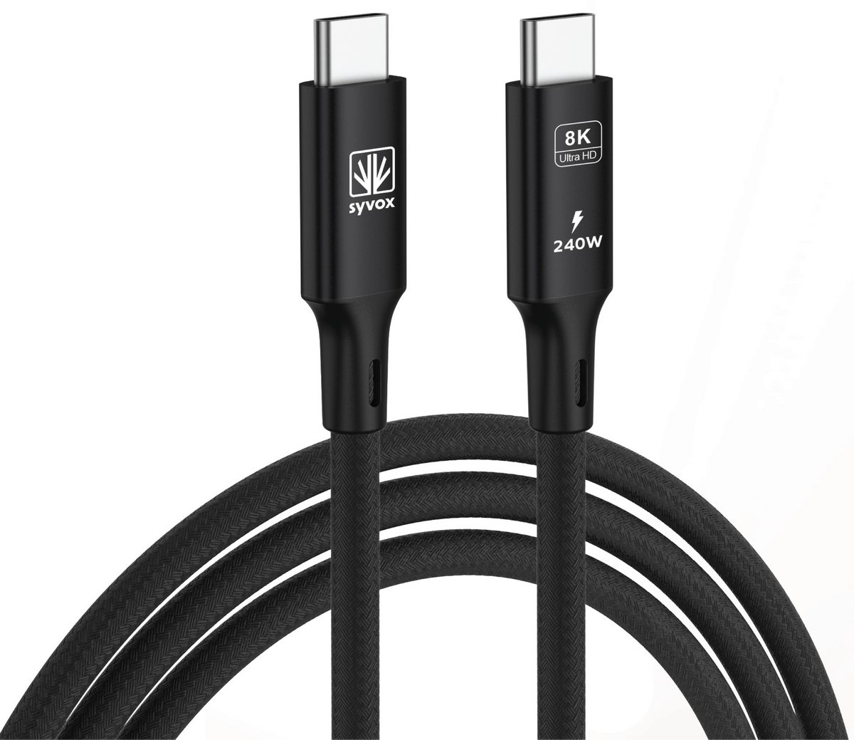 SYVOX Power USB-C naar USB-C Kabel – 240W – 40Gbps – 1.8m – Nylon Gevlochten – Zwart