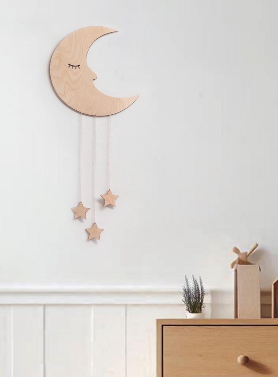 Houten slapende maan, houten maan voor de kinderkamer, schattige muurdecoratie voor de kinderkamer, houten hangende maandecoratie