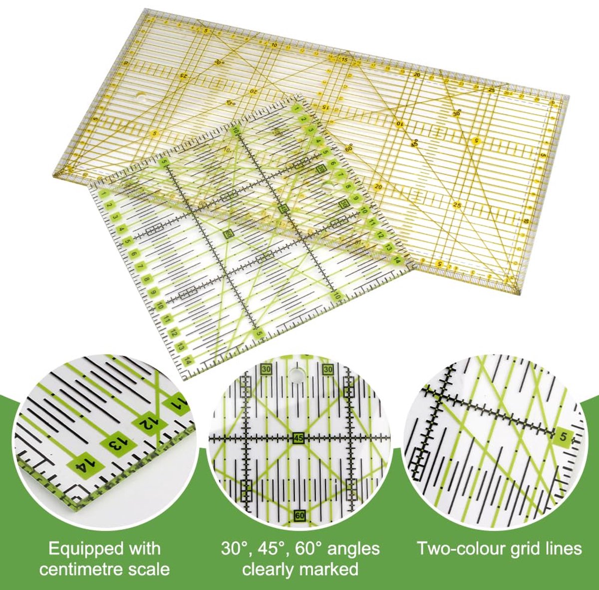 Candala 2 Stuks Patchwork-Liniaal,15 CM X 30 CM-Naailiniaal met Hoekindicatoren, Transparant Naaien Quiltliniaal, Quilting Rolsnijderliniaal,Naaitoebehoren Universele Snijliniaal voor Naaien en Knutselen