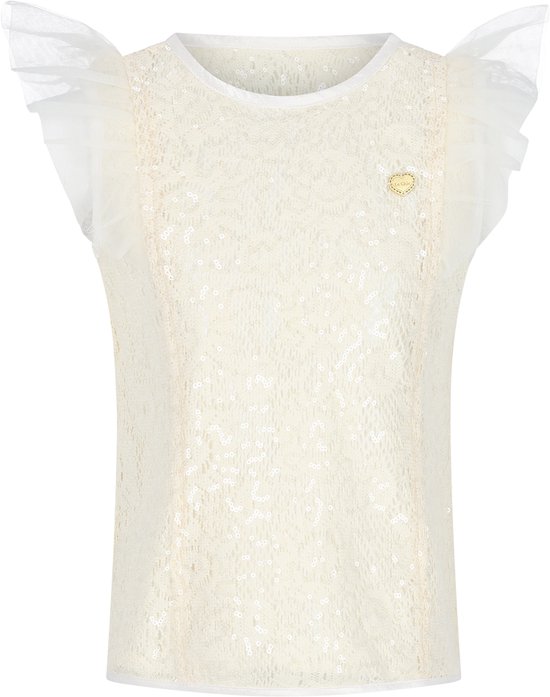 Crèmekleurige blouse met pailletten, ruches mouwen en een klein gouden hartje op de borst.