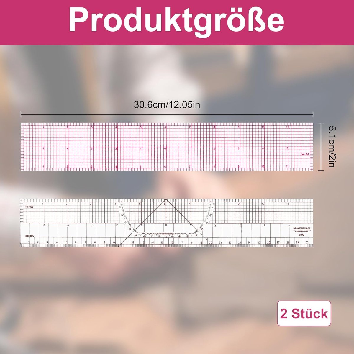 Candala Naailiniaal & quilt liniaal 2-delige set, transparante acryl snijliniaal voor patchwork & quilten, 30,5 x 5,1 cm - wit & roze