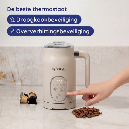Beige melkopschuimer met display, koffiebonen en tekst over thermostaat.