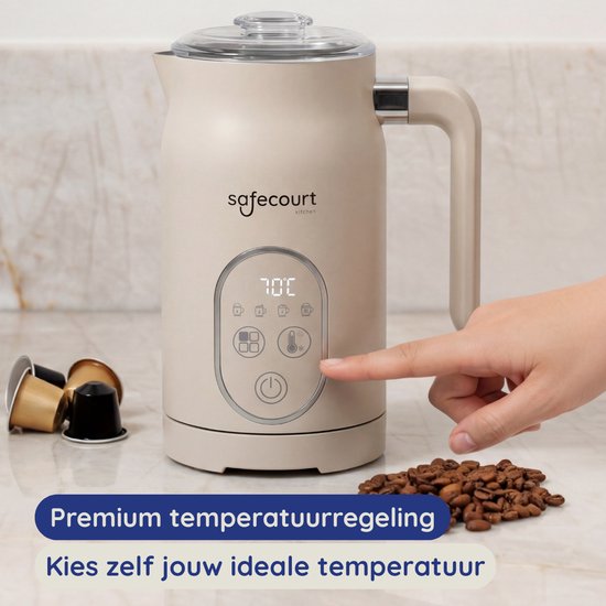 Beige melkopschuimer met display en een vinger die de temperatuurregeling instelt.