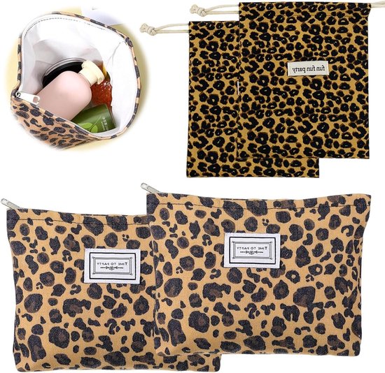 Corduroy toilettas met luipaardpatroon en ritssluiting voor make-up en reizen - set van 4 stuks
