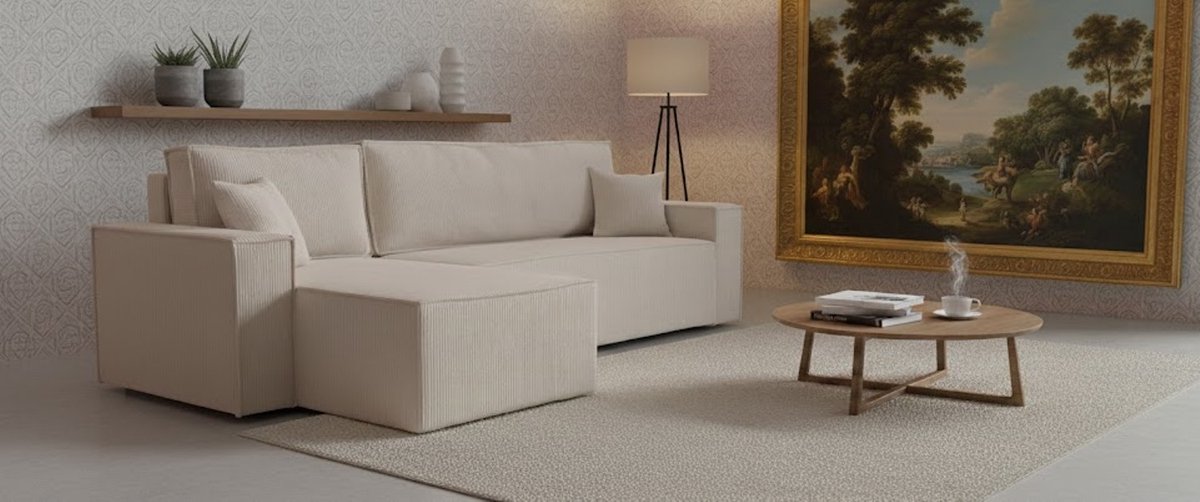 Luxe Hoekbank Paris Met Slaapfunctie en Bedlade – Universele Opstelling – Comfortabele Beige Stoffering – House&Garden