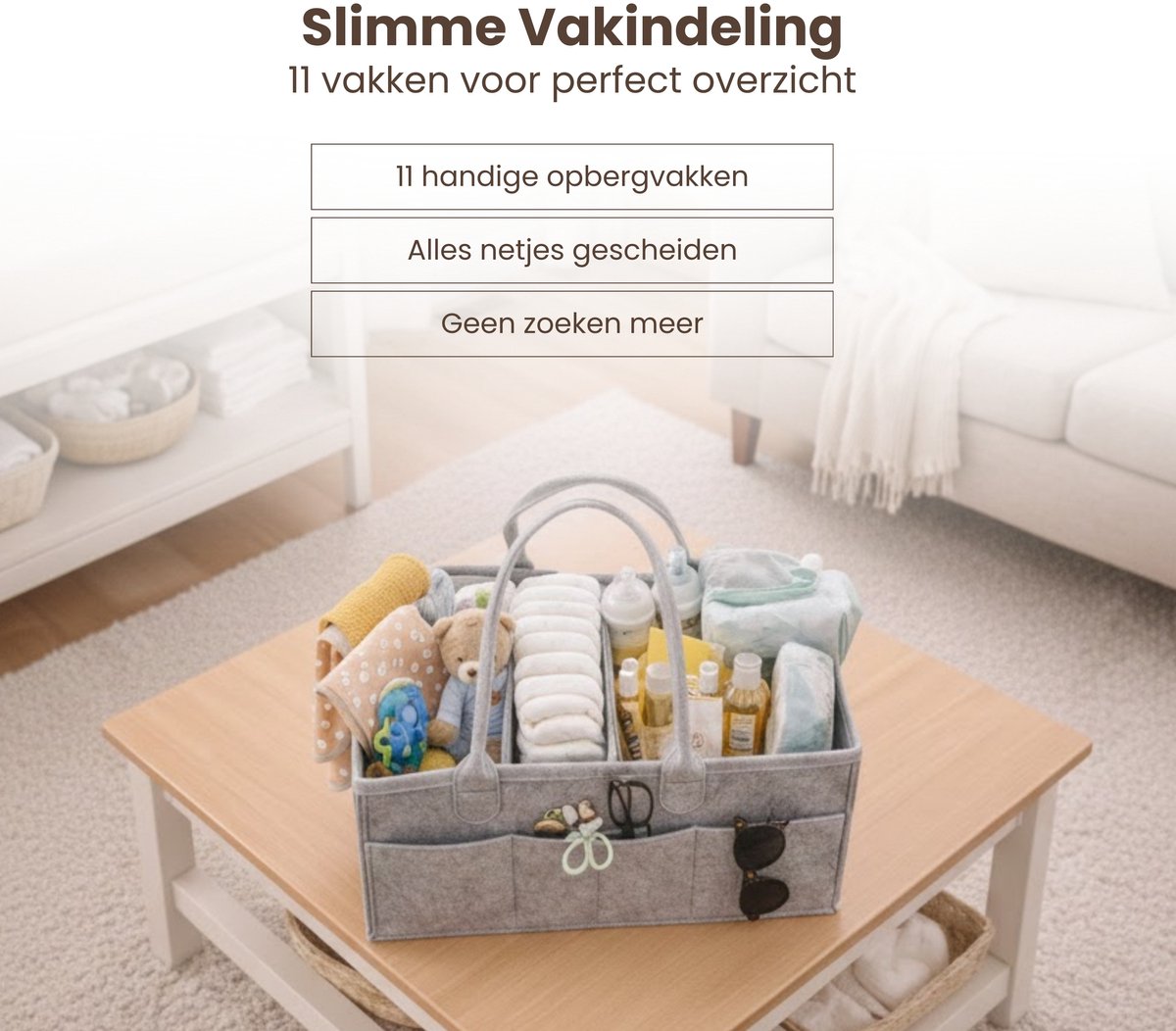 Luiertas Vilt - Grijs - Vilt - 32 x 22 x 19 cm - Luier Organizer - Draagbare Organiser met Handige Vakken - Verzorgingstas – foto 7