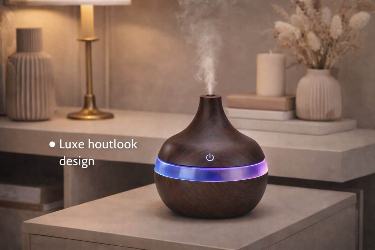 Aroma Cool Mist Diffuser 150ml - Ultrasone Vernevelaar - Etherische Olie Verstuiver - Aromadiffuser - Bevochtiger - Air/Lucht - Aroma Therapie - Verdamper - Geur Verspreider - Luchtbevochtiger - Sfeervolle LED Verlichting - Hout Look — cadeau in Wonen & Interieur - foto 5