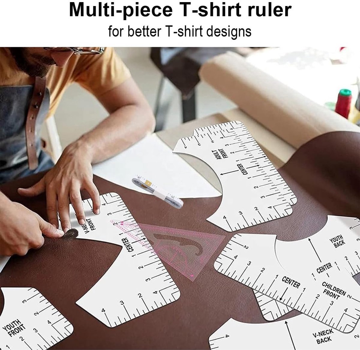 Candala - Naailiniaalset met 12 stuks T-shirt-uitlijningsgereedschappen, sjabloonliniaal voor perfecte T-shirt-ontwerpen, pvc-materiaal, naai-accessoires (wit en transparante kleuren)