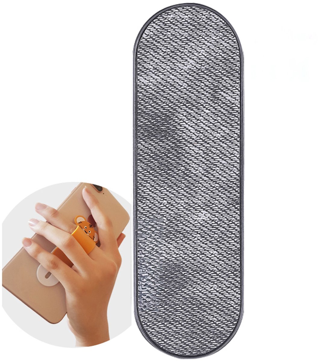 FingerGrip® - verstelbare flexibele GSM vingerhouder / Telefoonring grip / vingerhouder / telefoonring standaard / selfiehouder / telefoonhouder / ringhouder / telefoonstandaard – Spijkerbroek stof - Zwart