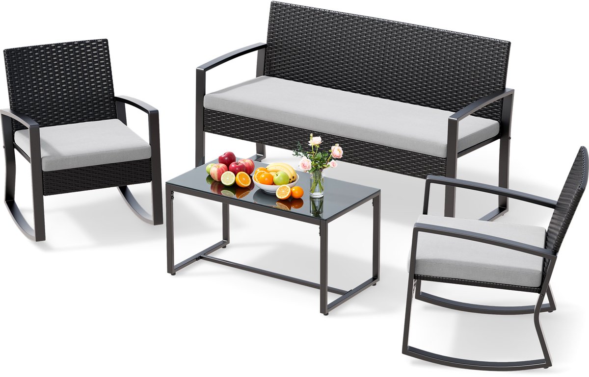 Xbro Rotan Tuinset 3-delig met schommelstoel,Balkonset voor 4 personen met kussens,Tuinmeubelset met tafel,3-delige Bistroset ,108 x 74 x 85 cm ,Donkergrijs