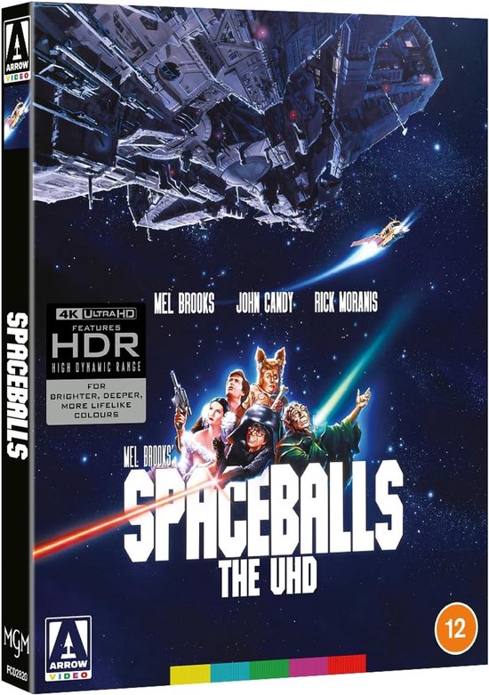 Spaceballs 4K Ultra HD-hoes met in het midden de cast van de film, een ruimteschip en de titel 'Spaceballs'. Bevat HDR-logo.