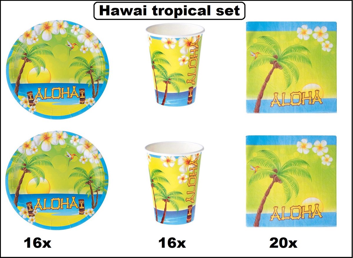 Hawai/tropical summer set - 16x Aloha Bord 23cm + 16x Aloha beker 180ml + 20x Aloha servet 33cm - Tropisch beach party