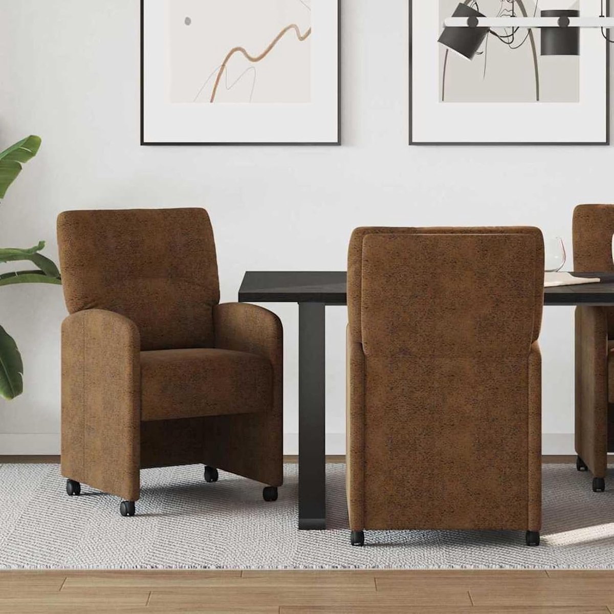 Eetkamerstoelen met wieltjes - Gestoffeerde stoelen - Comfortabel zitten - Set van twee st