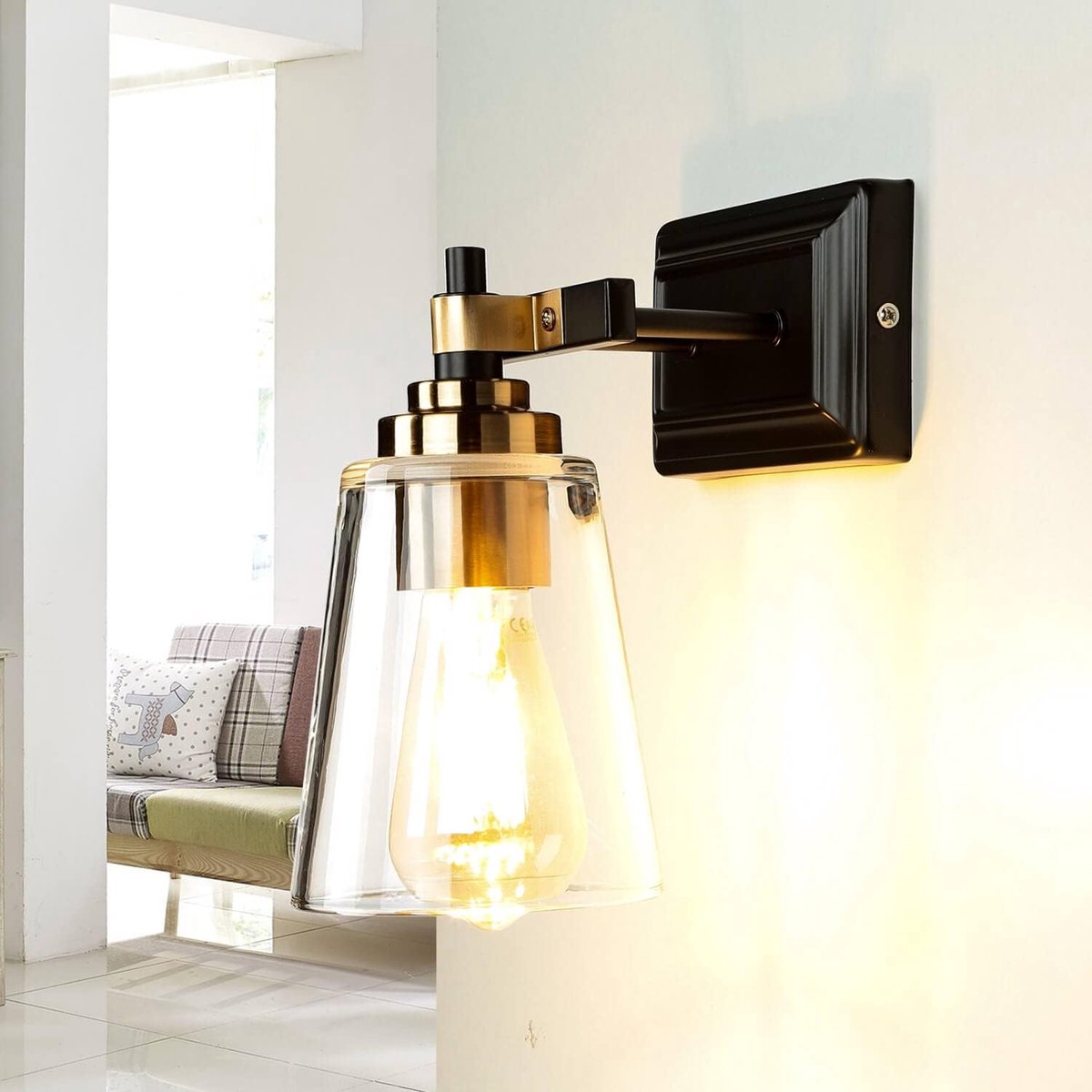 Wandlamp Glas Metaal - Industriële Verlichting - Keuken Woonkamer - E27 Fitting - 19x12x25 cm - Zwart