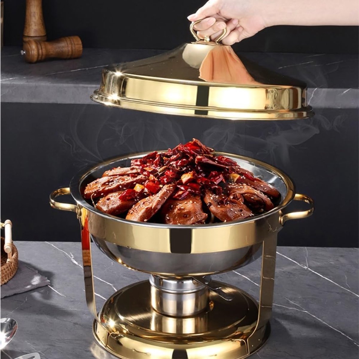 Buffet warmer Chafing dish Voedsel serveren Hangend deksel 9L capaciteit Goudkleurig