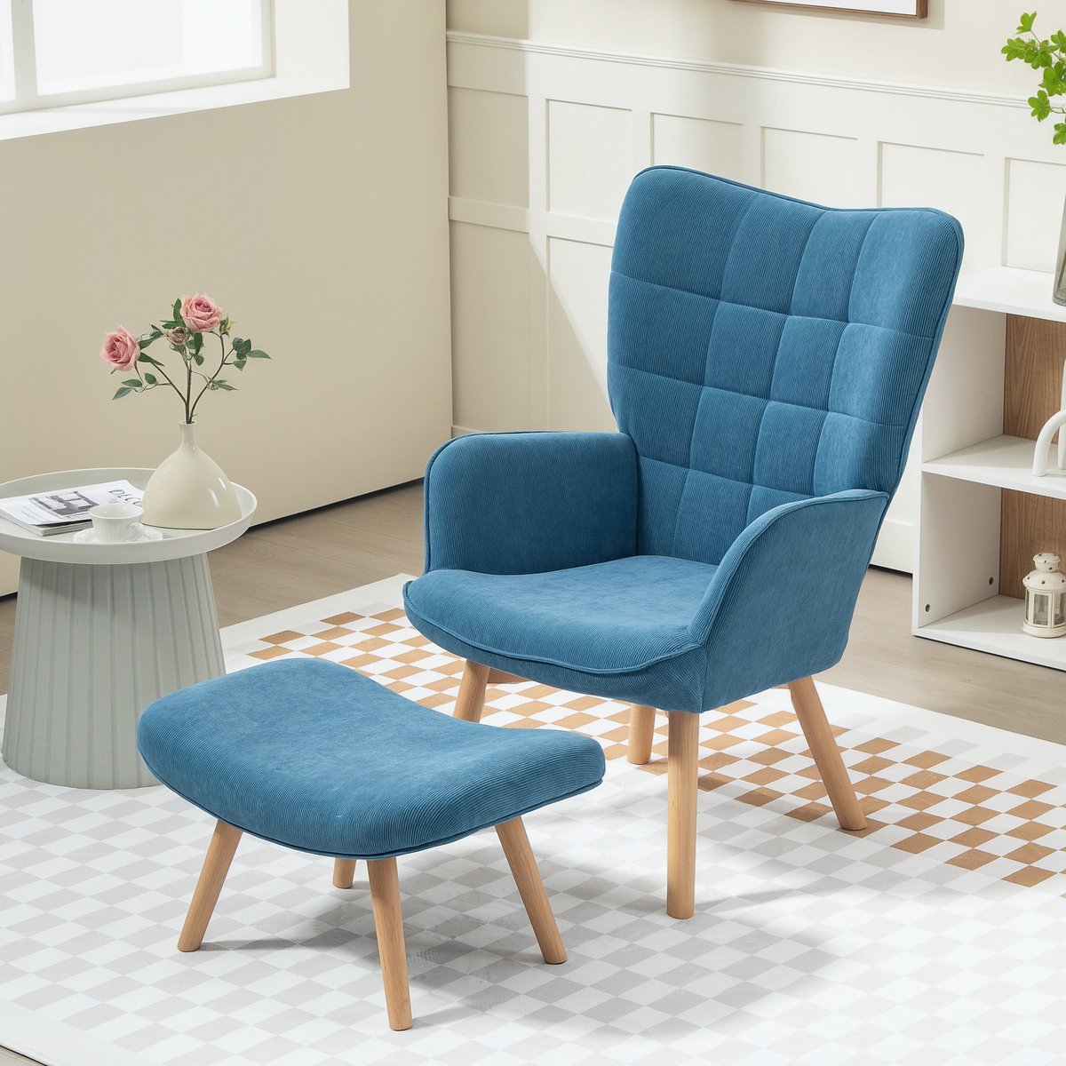 MODFU Oorfauteuil Met Hocker - Hoge Rugleuning - Getuft Design - Woonkamer - Ribstof - Blauw