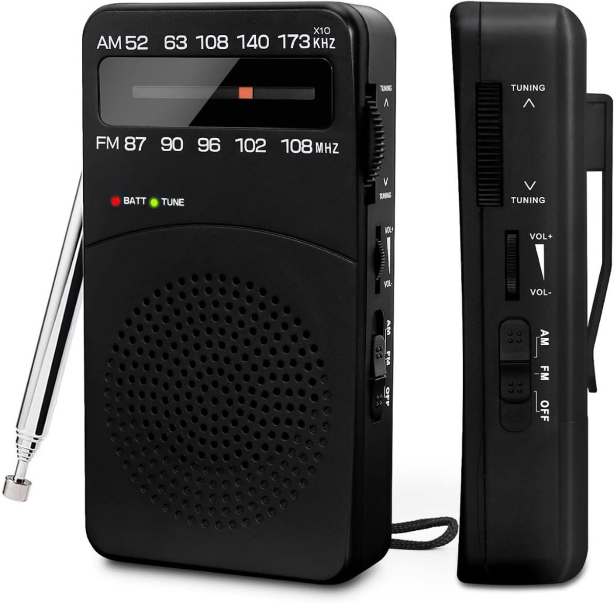 VIN® Transistor Radio Op Batterijen - Transister AM(MW)/FM- Draagbare Mini Noodradio - Radio Voor Rampen - Pocket Radio Speler - Zwart
