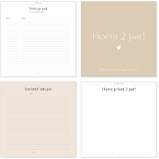 Kaarten met 'Trots op jou!', 'Hoera 2 jaar!', 'Een brief aan jou' en 'Hoera, je bent 2 jaar!'.
