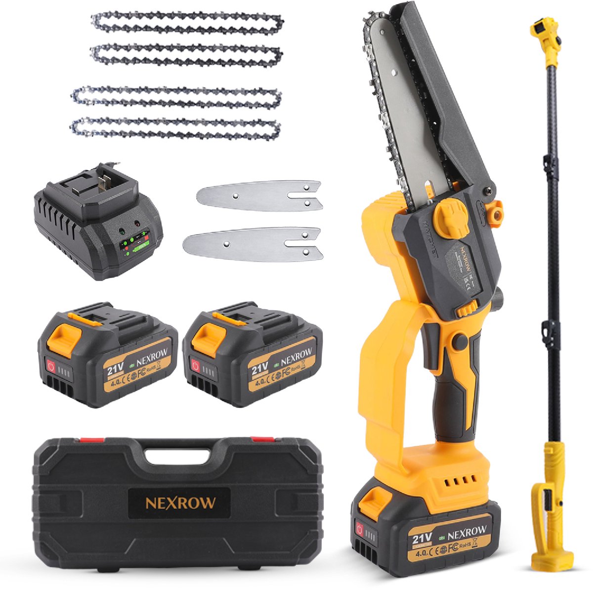 NEXROW® Mini Kettingzaag + Telescopische snoeisteel 2,5m – 6 & 8 Inch Zaagblad – 2x 4000 mAh Accu – Inclusief Oplaadstation & Schuimkoffer – Brushless Motor – Automatische Kettingsmering – Veiligheidskettingrem