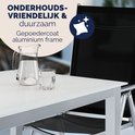 Onderhoudsvriendelijke Casaria tuinset met tafel met glazen blad en aluminium frame.