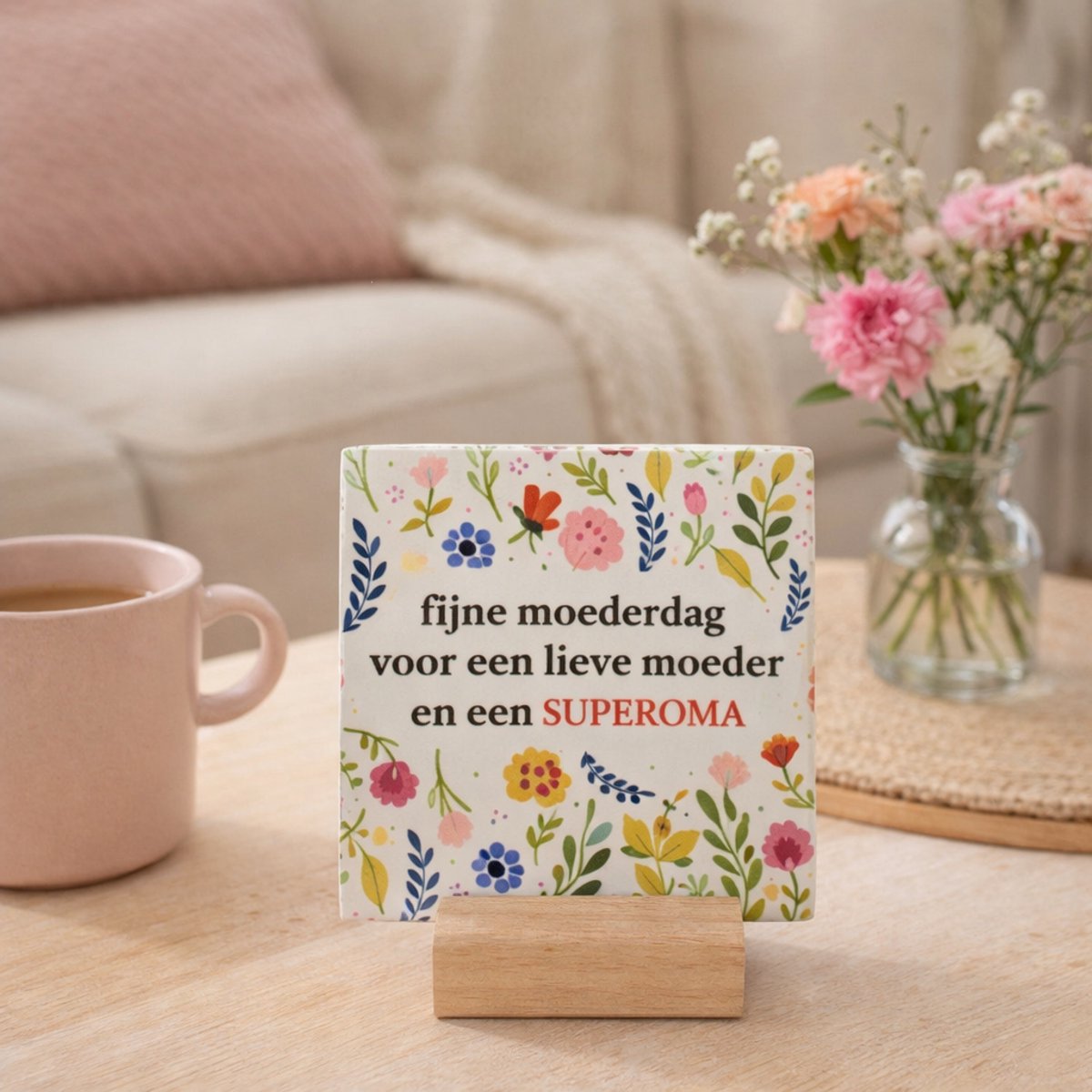 Artige Fijne moederdag - Keramische decoratie tegel met tekst - Moederdag Wit