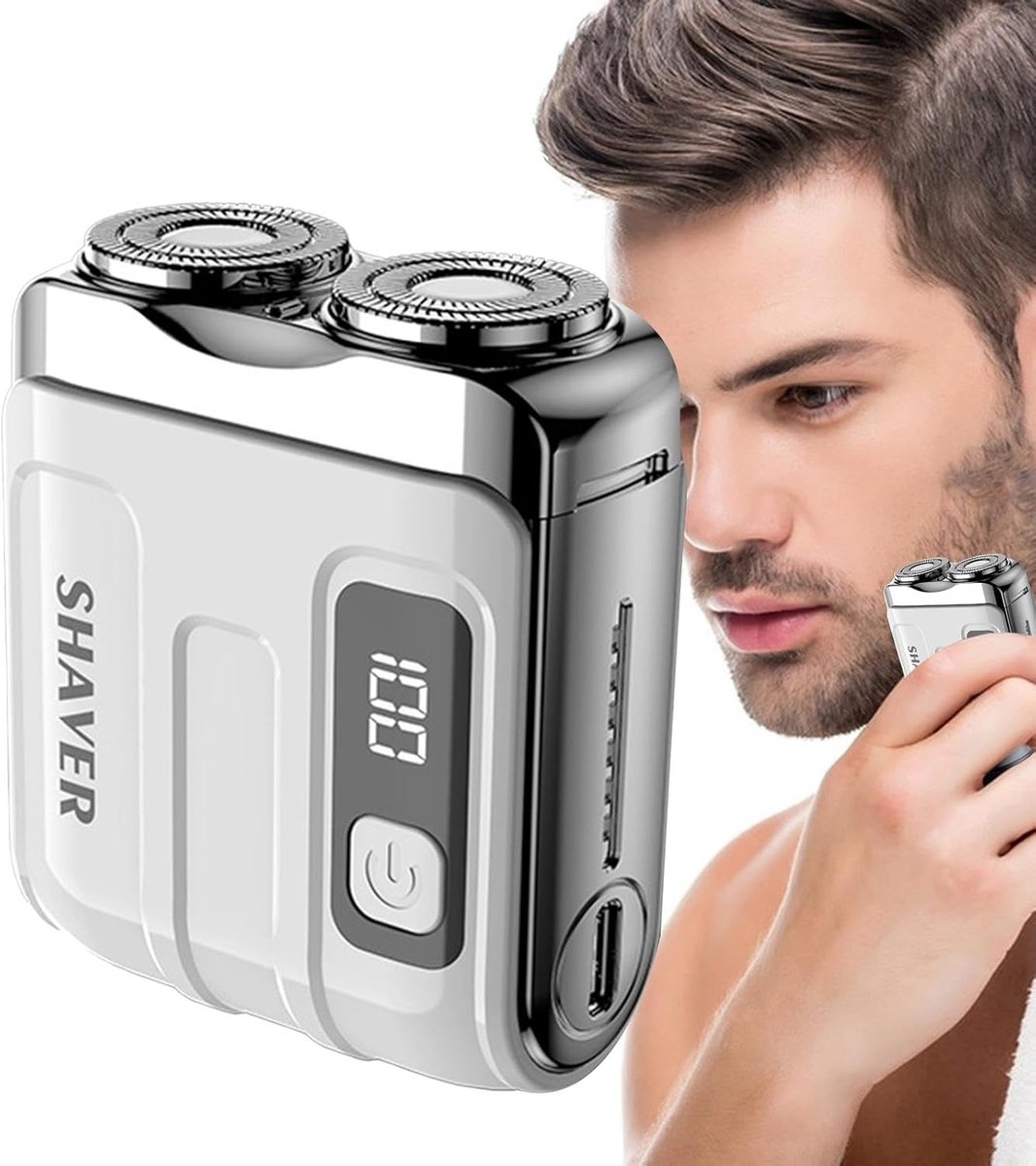 Elektrische Scheerapparaat voor Mannen - Snel Scheerapparaat met Slim Digitaal Display - Oplaadbare Baardtrimmer - Compact en Draagbaar voor Thuis en Reizen - 53x28,5x63 mm - Wit