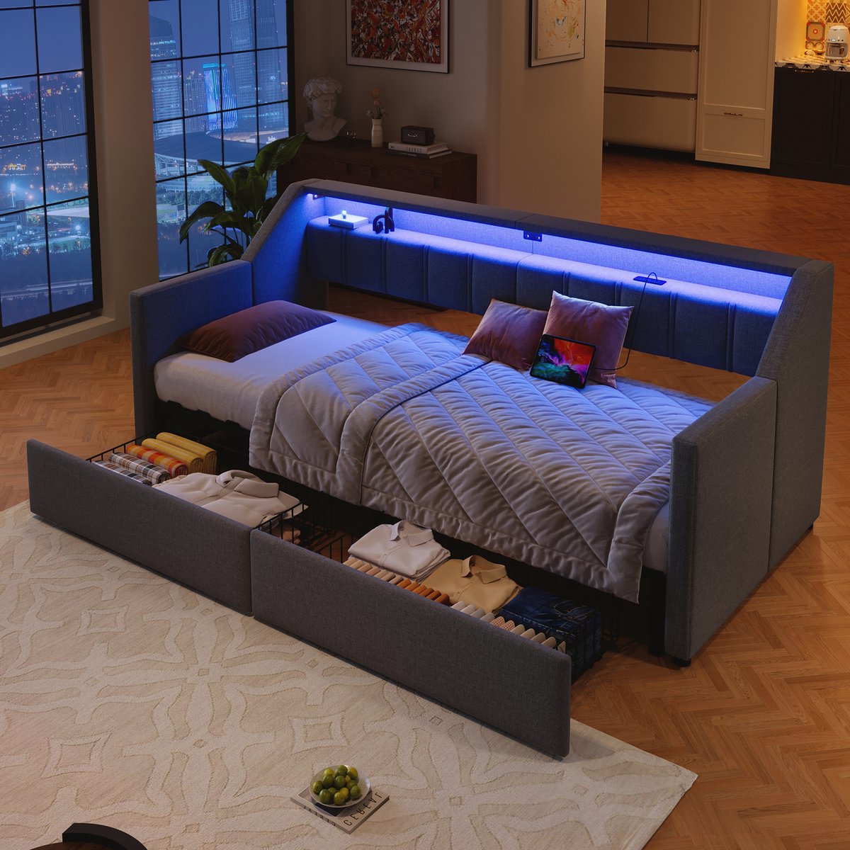 REDOM Dagbed met Uitschuifbed – Met USB-C, LED-lichtstrip & 2 laden – Linnen – Grijs – 90 x 200 cm
