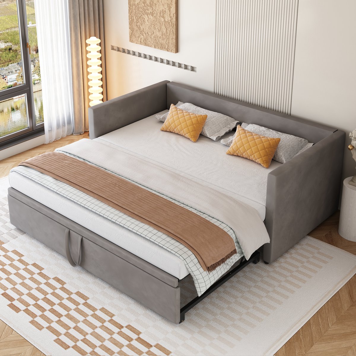 REDOM - Slaapbank Uitschuifbaar – 90x200 naar 180x200 cm – Met Lattenbodem – Fluweel – Grijs – Ruimtebesparend voor Logees