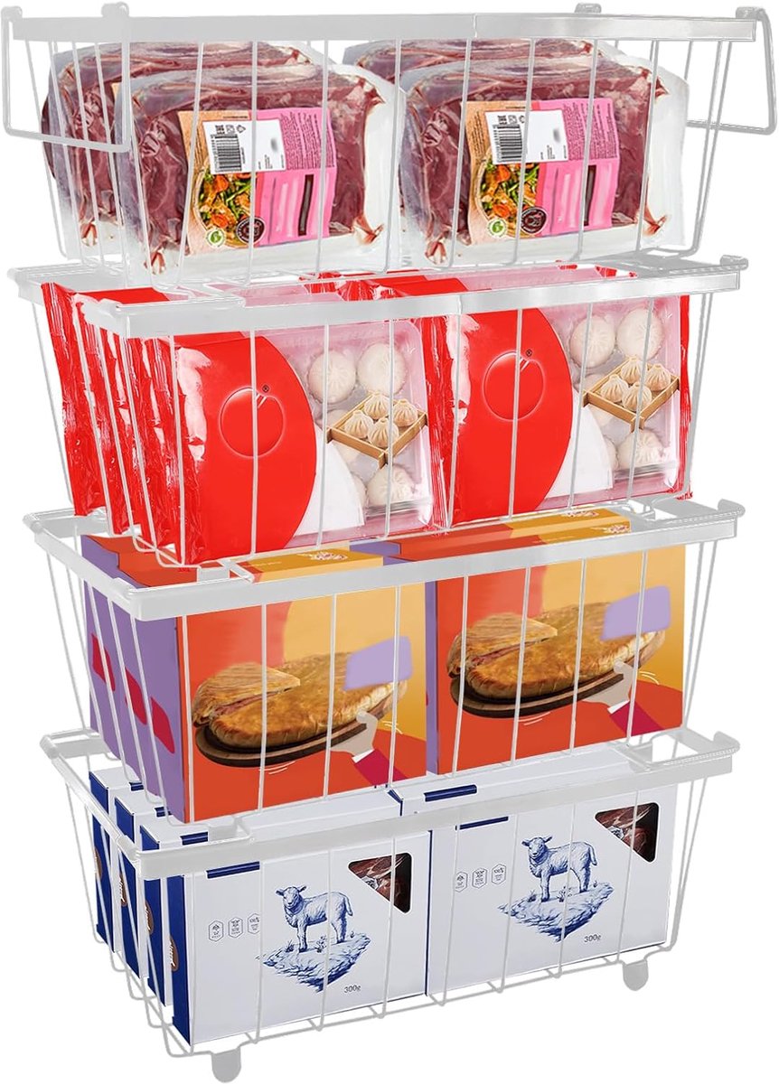 Vriezer Organizer - Opbergbakken Keuken - Voedsel Sorteren - Stapelbaar Ontwerp - 34x17.5x14 cm - Wit